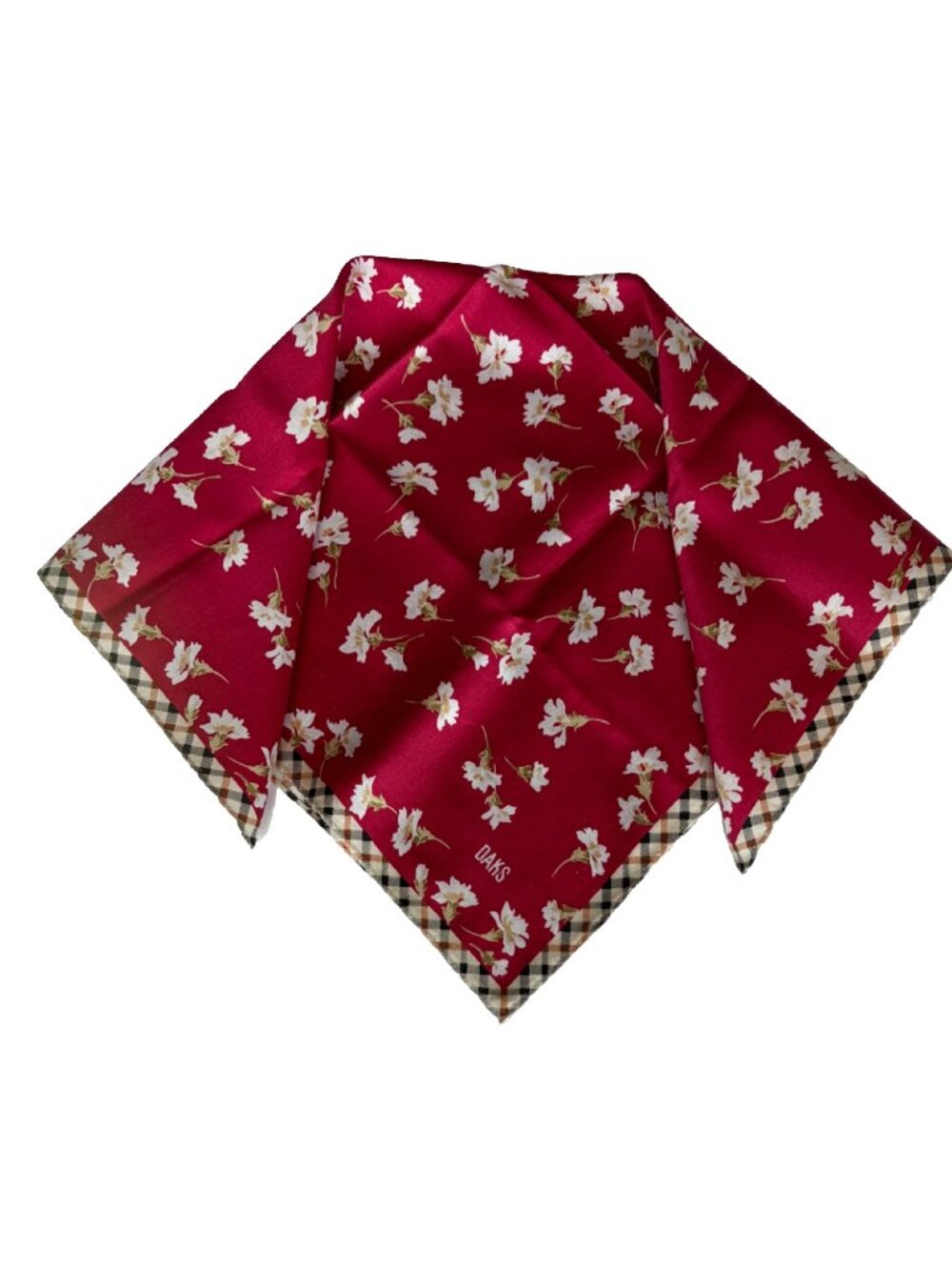 Vintage DAKS London Cotton Scarf Red Floral Check Border